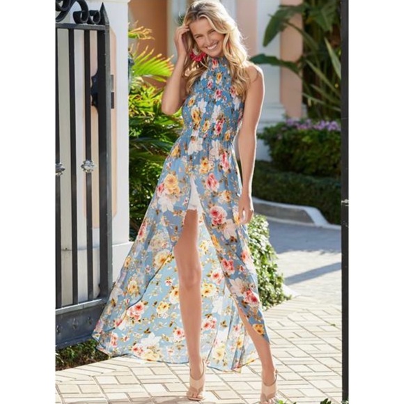 VENUS | Tops | Venus Smocked Hi Lo Floral Sheer Maxi Top Mock Neck Front  Slit | Poshmark